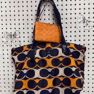 Coach Navy and Orange Patterned Tote and wristlet